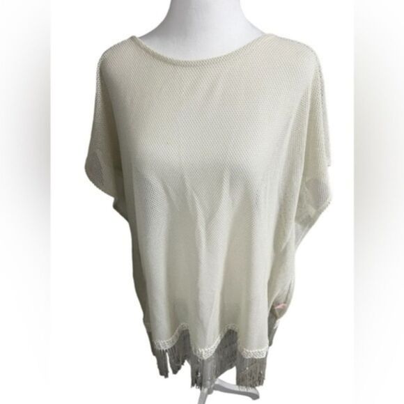 VICTORIA'S SECRET Shimmer swim cover up with fringe medium cream knit oversized - Picture 1 of 10